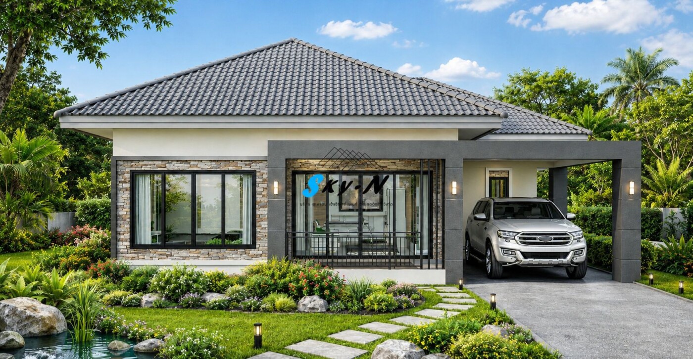 Read more about the article แบบบ้านชั้นเดียว Modern Contemporary รหัส S-5988 / 102 ตร.ม.